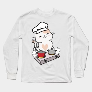Funny white Cat is cooking Long Sleeve T-Shirt